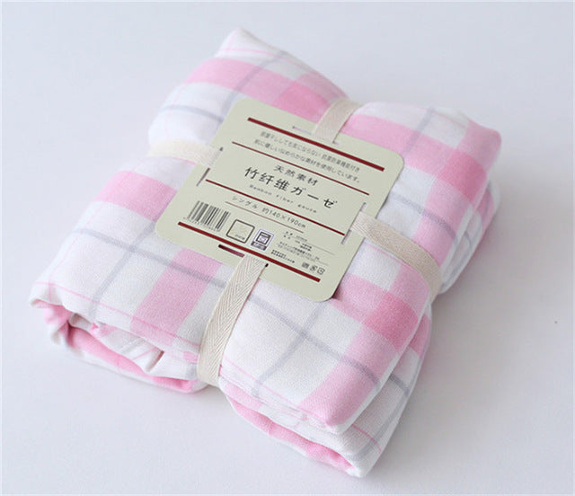 Japanese Bamboo Throw Blanket Warm Coral Plaid